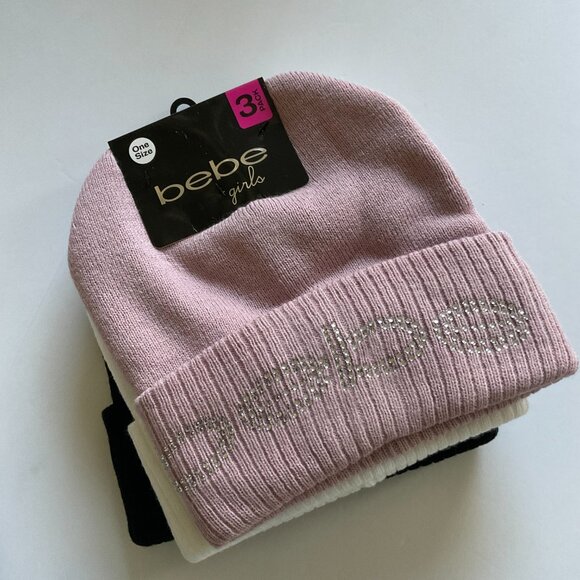 BEBE Girl's Pack of 3 Rhinestone Beanie Hats NWT Size OSFM - Picture 1 of 6